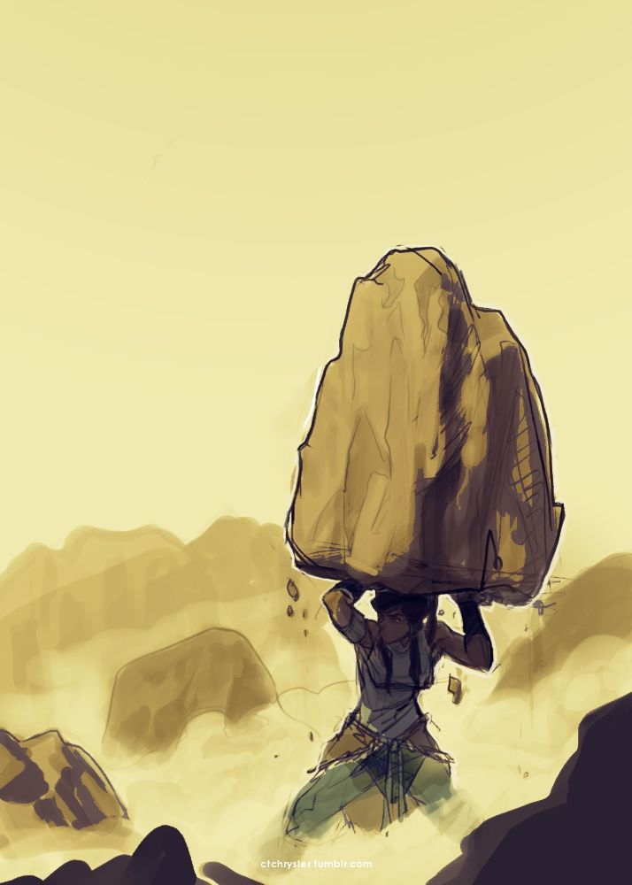 a drawing of a person with a large rock on their head walking through the desert