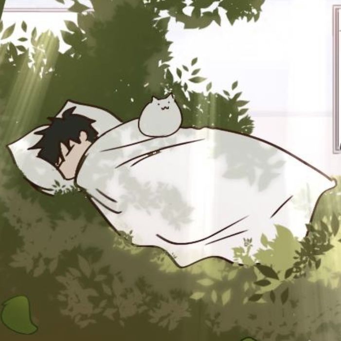 a cartoon character laying in the grass with a cat on his back and an open window behind him