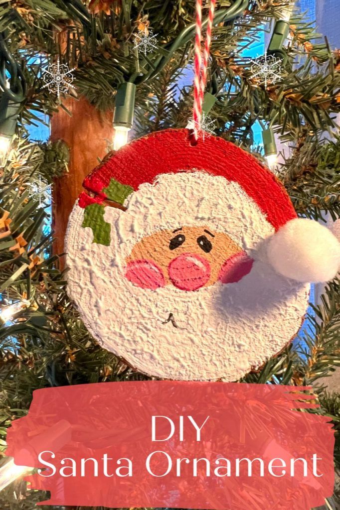 a christmas ornament hanging from a tree with the words diy santa ornament on it