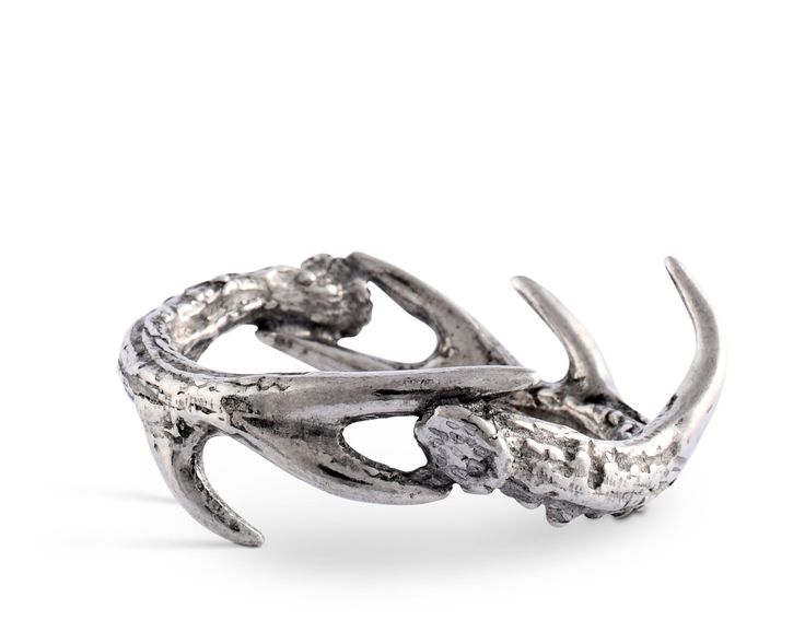 a silver ring with two horns on it