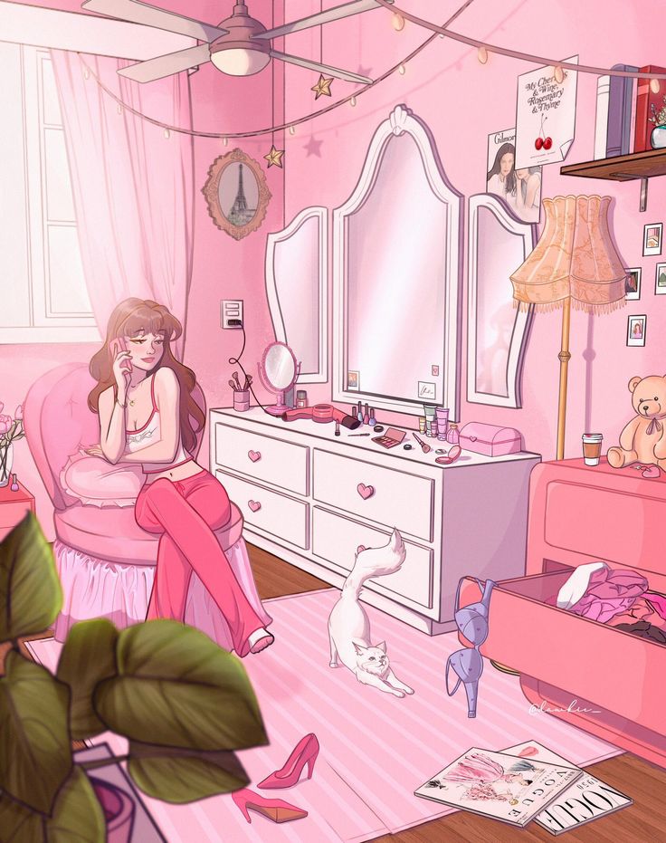 a woman sitting in a pink room with her legs crossed on the bed and holding a phone to her ear