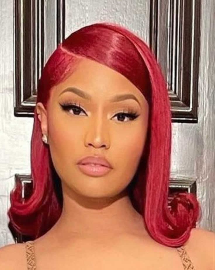 Red Pin Up Hairstyles For Black Women, Nicki Hairstyles, Holiday Short Hairstyles, 90s Flipped Hair, Barbie Hairstyles Black Women, Nicki Minaj Red Hair, Nicki Minaj Bob, Barbie Hairstyles Real Life, Hair Red Color