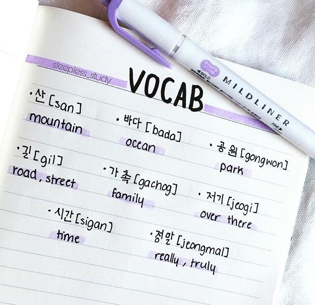 a notebook with some writing on it and a pen next to it that says vocab