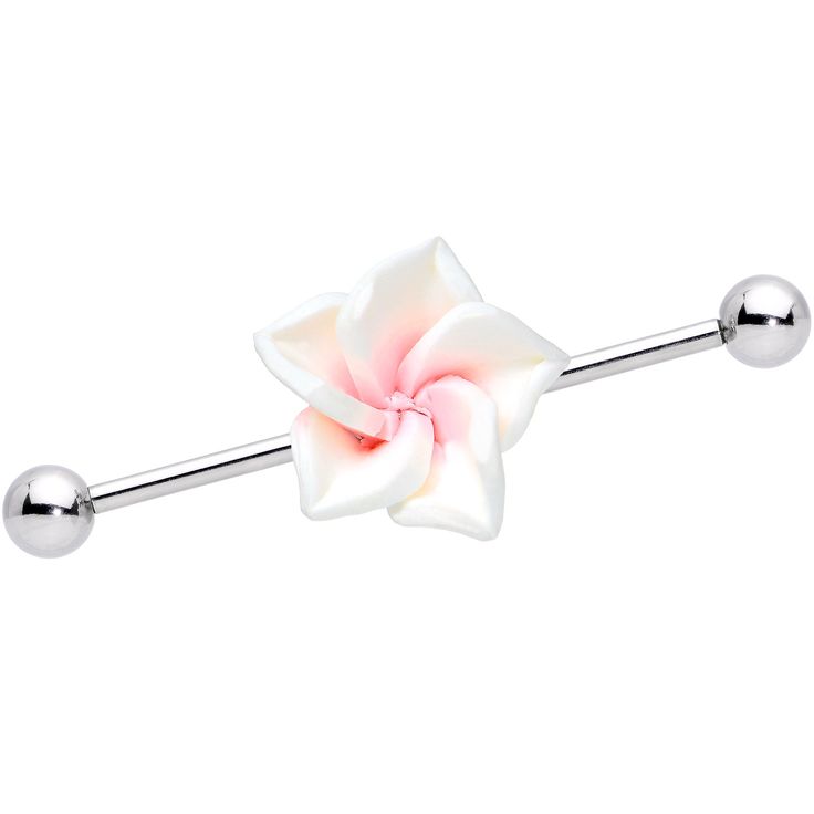 14 Gauge (1.6mm), 1.45" (37mm), 316L Surgical Grade Stainless Steel Straight Barbell, Non-Moveable Centerpiece, 5mm Ball Ends This flowering industrial barbell evokes the beauty of a summer garden all year long. The pretty white and pink flower - not unlike that of a southern magnolia - adorns a 14 gauge, 37mm stainless steel straight barbell. Flower themed helix project bars work for multiple piercings. Blossoming Flower, Types Of Ear Piercings, Southern Magnolia, Jewelry Promotion, Barbell Piercing, Multiple Piercings, Industrial Barbell, Industrial Piercing, Daith Piercing