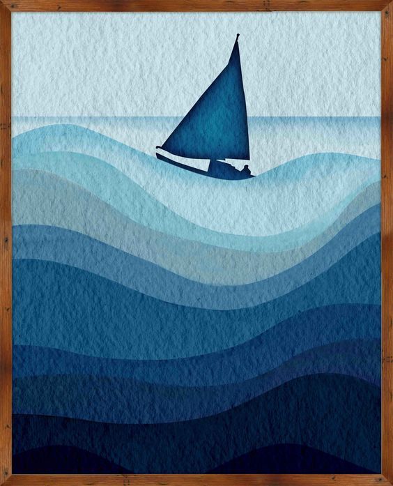 a painting of a sailboat in the ocean with blue waves and brown wood frame