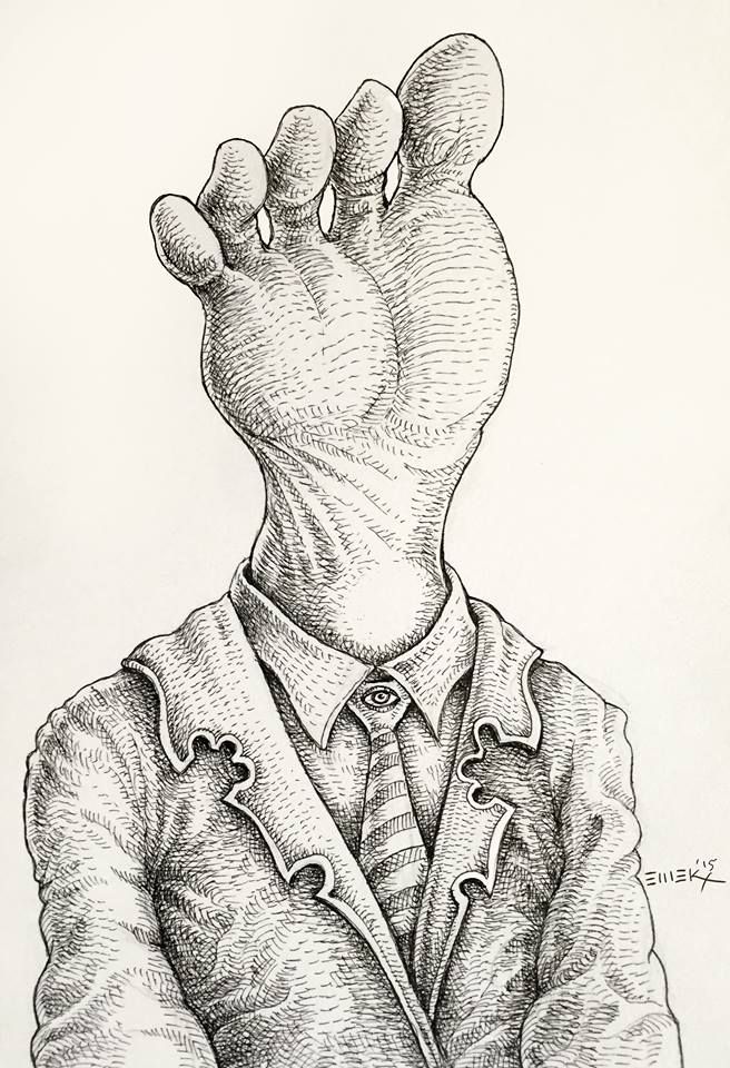 a black and white drawing of a person wearing a suit