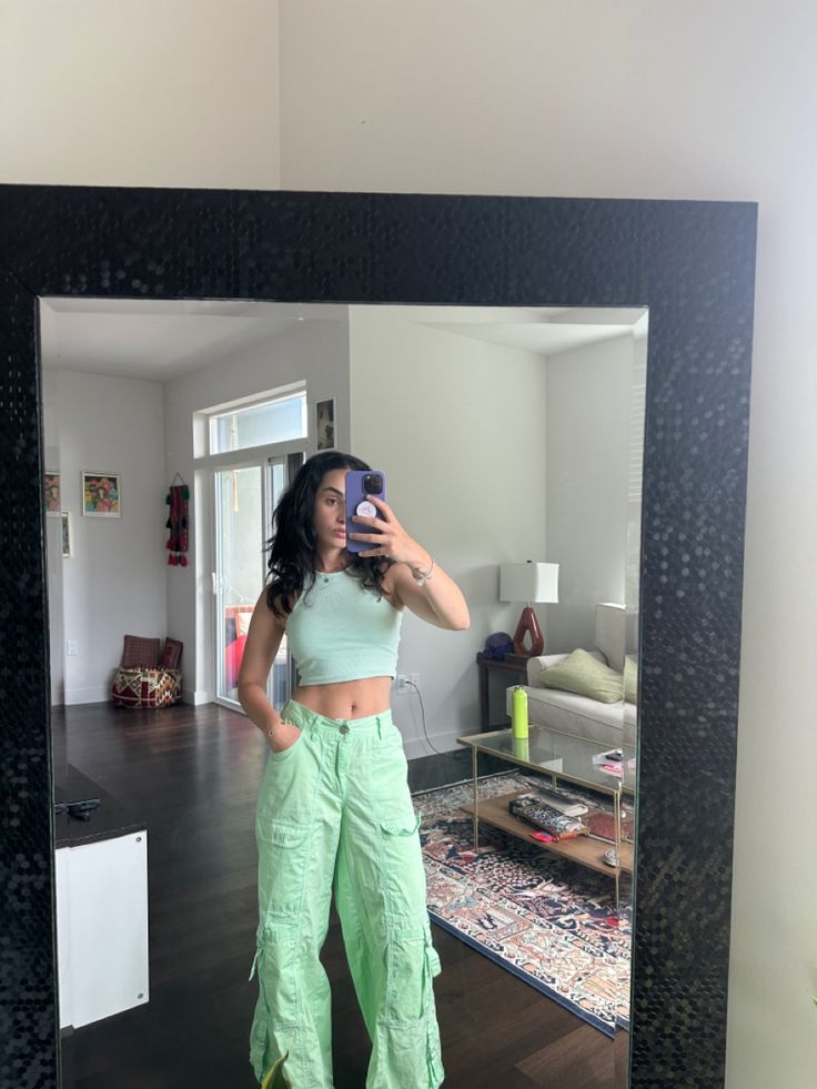 Green monochramtic look, green outfit, wavy hair, summer outfit, summer clothing inspo, green tanktop, mint green top, green cargo pants, BDG green cargo pant Mint Green Cargo Pants Outfit, Wavy Hair Summer, Green Cargo Pant, All Green Outfit, Green Cargo Pants Outfit, Mint Green Top, Mint Green Tops, Cargo Pants Outfit, Green Cargo Pants