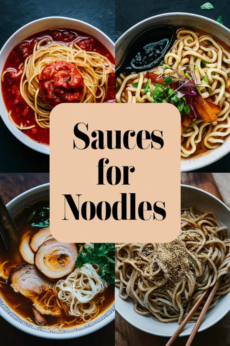 Various noodle dishes with different sauces, text in the center reads "Sauces for Noodles". Asian Pasta Sauce Recipes, Best Asian Noodle Sauce, Quick Asian Noodle Recipes, Asian Sauce Recipes Noodles, Quick Asian Sauce, Wok Noodles Recipes, Asian Quick Meals, Ramen Noodle Sauces, Asian Noodle Side Dish Recipes