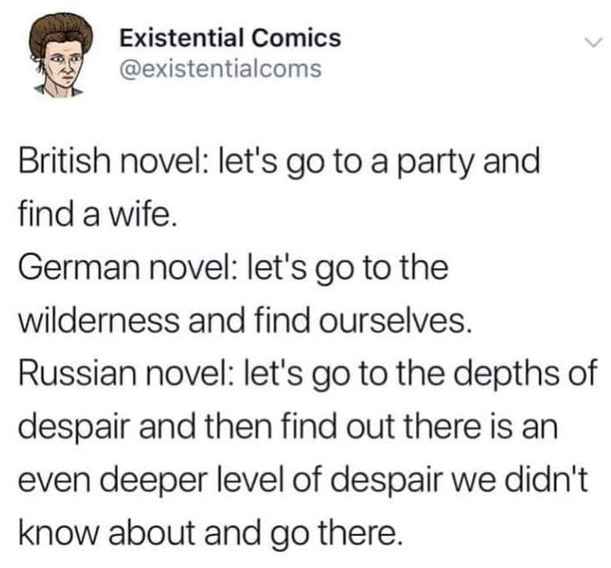 the tweet that was posted to someone about their novel, british novel let's go to party and find a wife german novel let's go to the wilderness