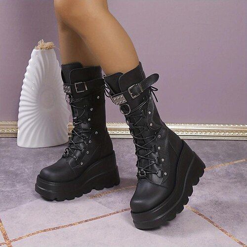 Category:Boots; Upper Materials:PU; Season:Winter; Heel Type:Chunky Heel,Platform; Gender:Women's; Toe Shape:Round Toe; Type:Mid Calf Boots; Style:Punk,Comfort,Gothic,Fashion,Industrial Style; Heel Height(inch):2-3; Outsole Materials:Rubber; Occasion:Party,Daily,Outdoor; Closure Type:Lace-up; Pattern:Solid Color; Listing Date:09/24/2023; 2024 Trends:Combat Boots,Plus Size,Height Increasing Shoes,Lace Up Boots,Platform Boots Gothic Mode, Winter Heels, Wedge Heel Boots, Anime Base, Faux Leather Heels, Selena Quintanilla, Estilo Punk, Combat Boot, Zipper Boots