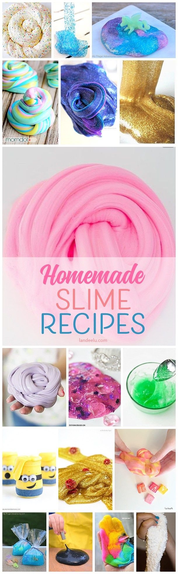 homemade slime recipe collage with text overlay that reads homemade slime recipes