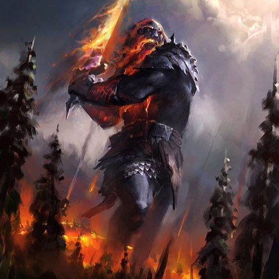 an image of a giant monster in the middle of a forest with flames coming out of it