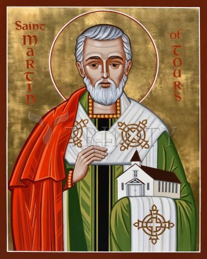 an icon of saint martin of lounce with red robes and a white beard, holding a