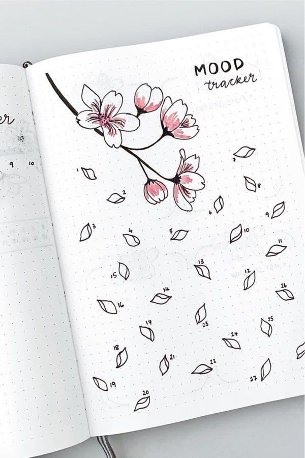 an open notebook with flowers and leaves drawn on the pages, next to a pen