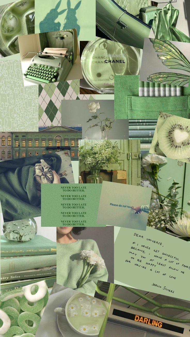 a collage of green and white items