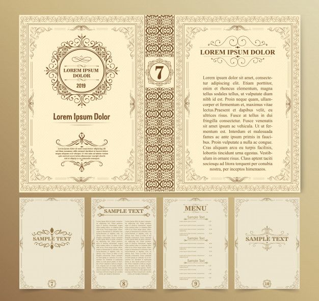 a set of three different menus with ornate designs on the front, back and side