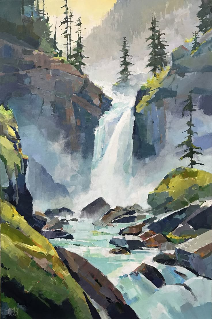 a painting of a waterfall in the mountains