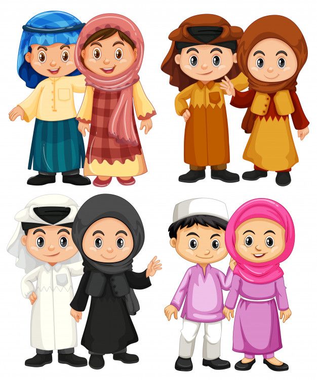 muslim family in different poses on a white background