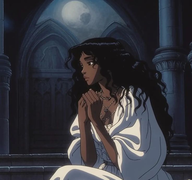 a woman with long black hair sitting on the ground in front of a building and holding her hands to her chest