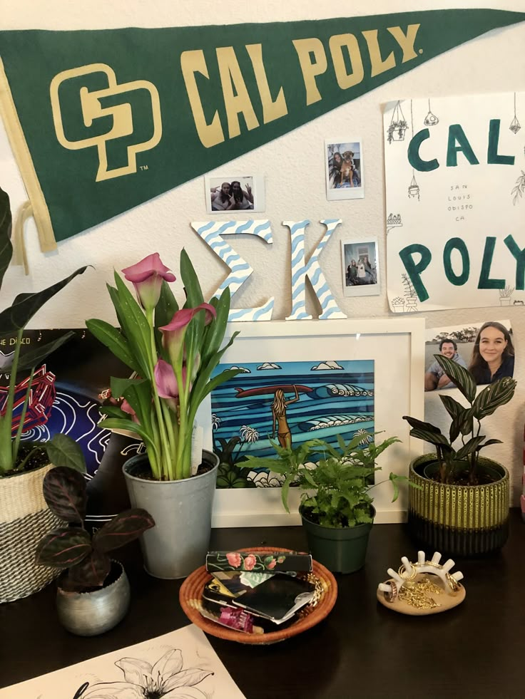 a table topped with plants and pictures on top of it's side wall next to a cal poly banner