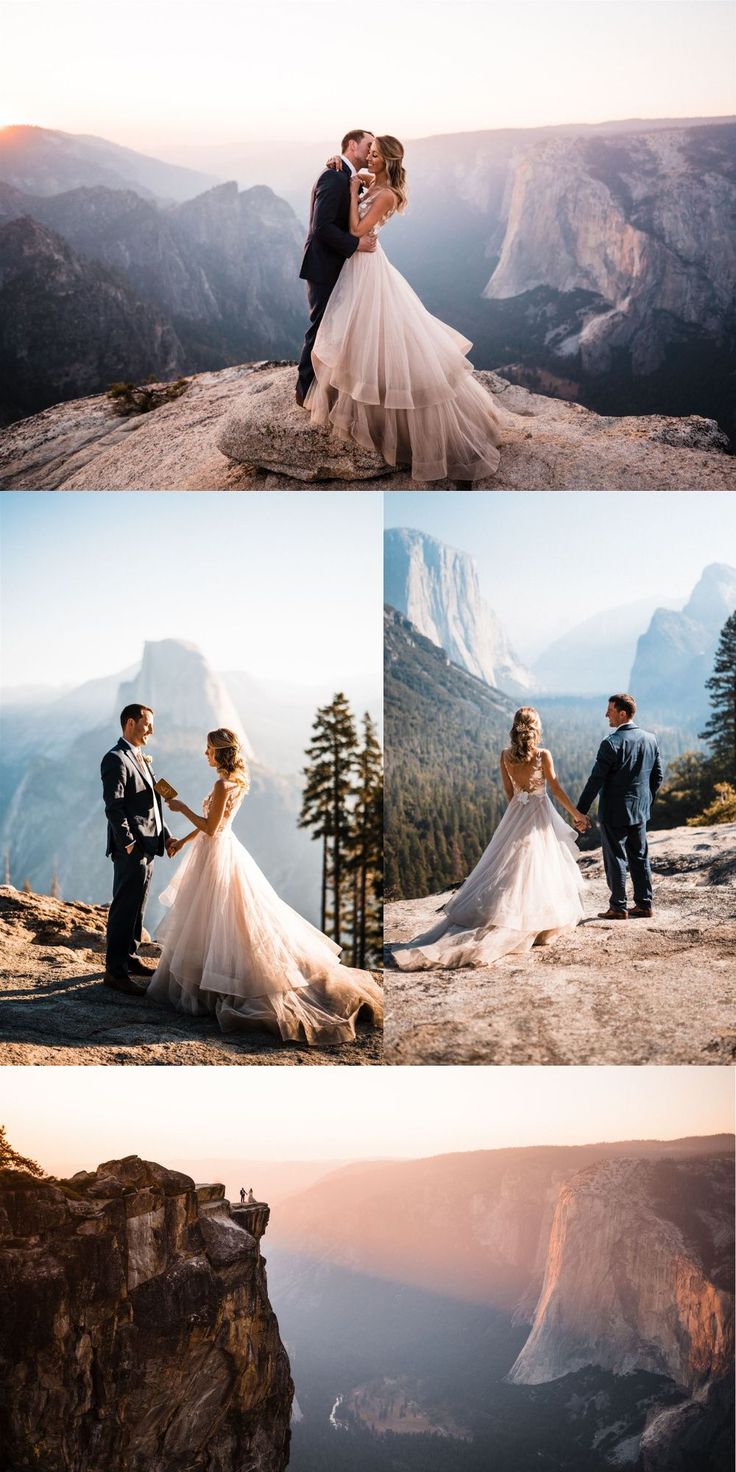 the bride and groom are posing for pictures on top of a mountain in yose peak