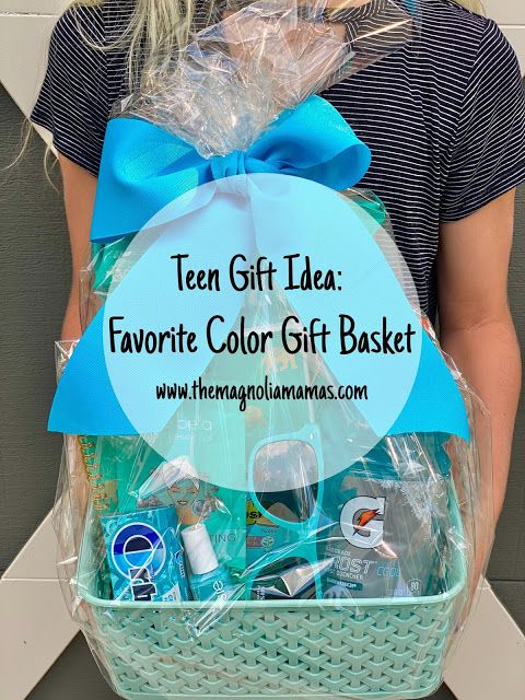 a person holding a basket with items in it and the words teen gift idea favorite color gift basket