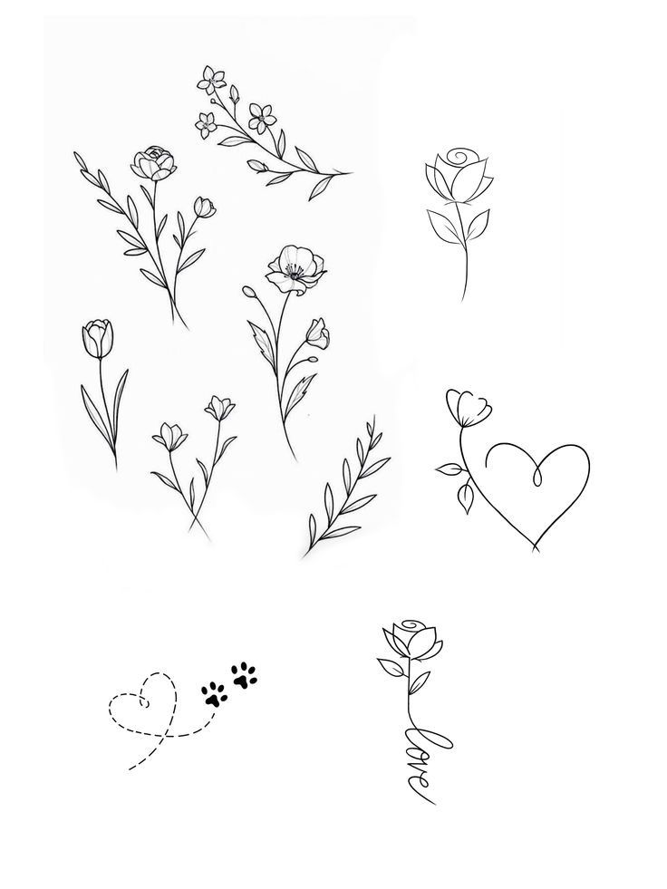 flowers and hearts drawn in black ink on white paper