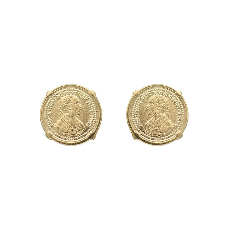 These 18k gold-plated stud earrings feature a striking vintage coin design, offering a unique blend of classic charm and modern elegance. The rich gold plating gives them a timeless, luxurious finish, while the vintage coin adds an antique-inspired touch. Handmade in Brazil, these earrings showcase exceptional craftsmanship and are perfect for adding a subtle yet sophisticated statement to any look. Every piece of jewelry is handmade and delicate. To enjoy the jewelry for a long time, please use Classic Round Engraved Earrings, Vintage 14k Gold Clip-on Earrings, Timeless Brass Earrings For Formal Occasions, Elegant Gold-plated Coin Jewelry, Vintage Tarnish Resistant Brass Earrings, Elegant Gold Coin Jewelry, Formal Gold Engraved Earrings, Formal Engraved Gold Earrings, Classic Engraved Yellow Gold Earrings