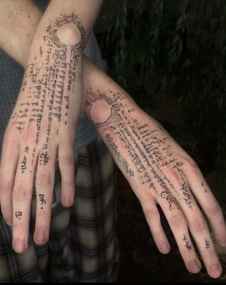 two hands that have writing on them with numbers and symbols tattooed to the palm of each hand