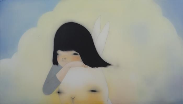 a painting of a woman holding a rabbit in her arms with clouds and sky in the background