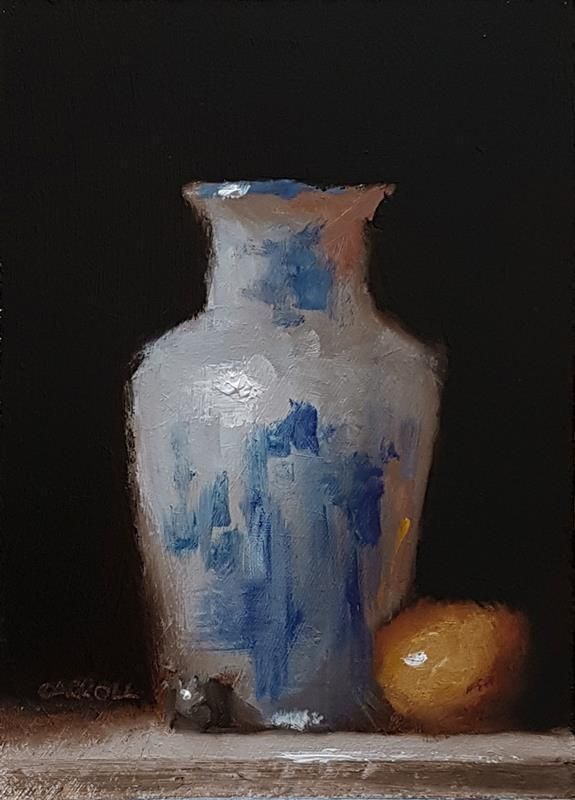 a painting of a blue and white vase next to an orange on a ledge in front of a black background