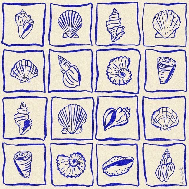 a blue and white drawing of seashells in squares on a beige paper background