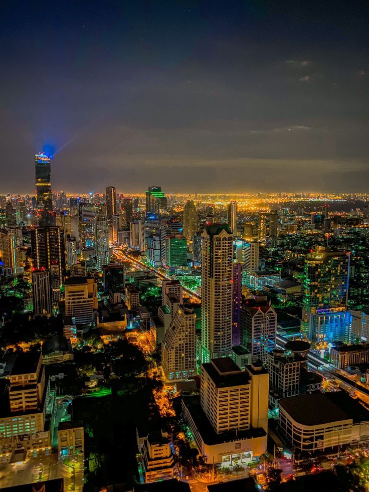 an aerial view of the city at night