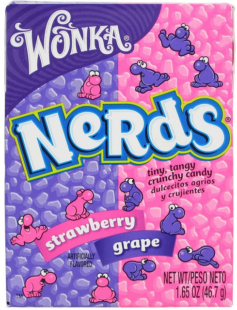 a bag of nerds candy with pink and purple candies on the front,