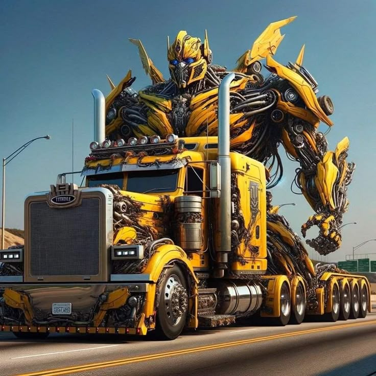 a yellow and black semi truck with a giant robot on it's side driving down the road