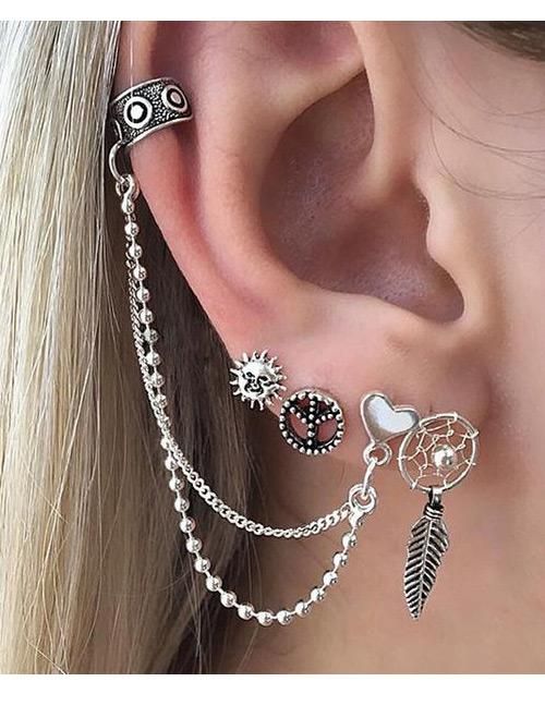 Retro Earring, Silver Ear Cuff, Ear Cuffs, Stud Earrings Set, Heart Earrings Studs, Cuff Earrings, Chain Earrings, Ear Jewelry, Silver Cuff