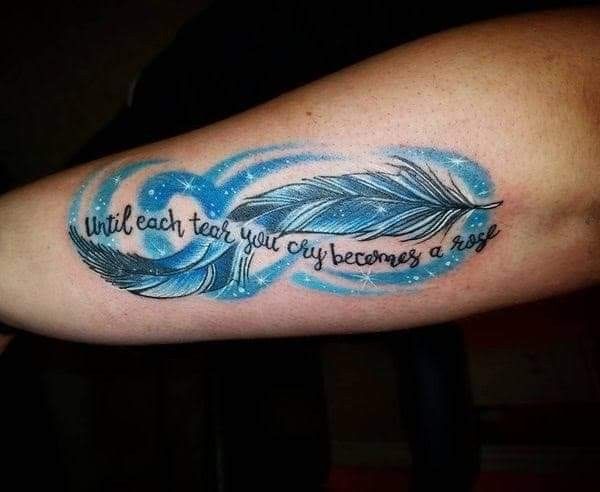 Tattoos Always And Forever, Feather Memorial Tattoo, A Feather Tattoo, Tattoo With Quote, Native American Feather Tattoo, White Feather Tattoos, Feather Tattoo Black, Phoenix Feather Tattoos, Feather Tattoo Arm