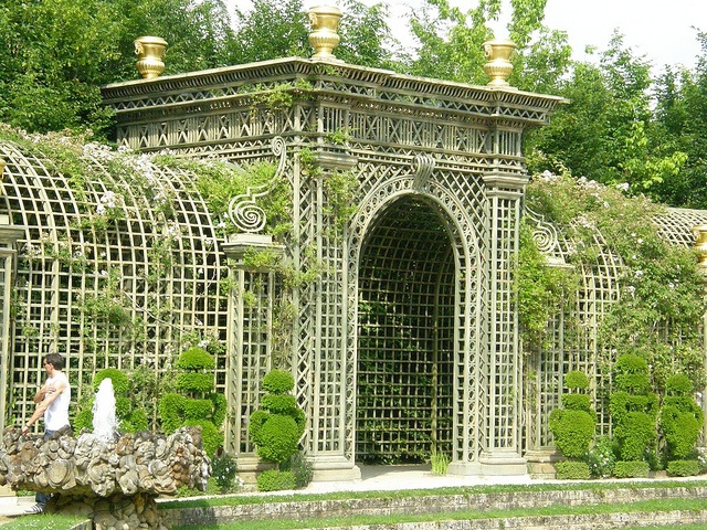 a man and woman standing in front of a garden