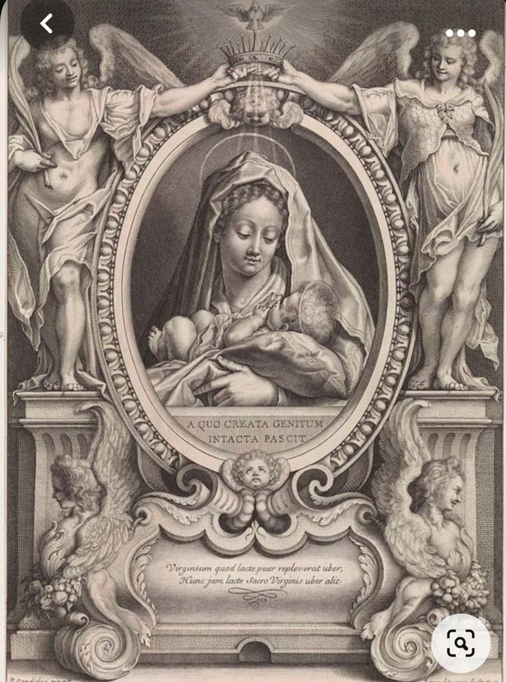 the virgin mary with angels and cherubs in an ornate frame on a white background