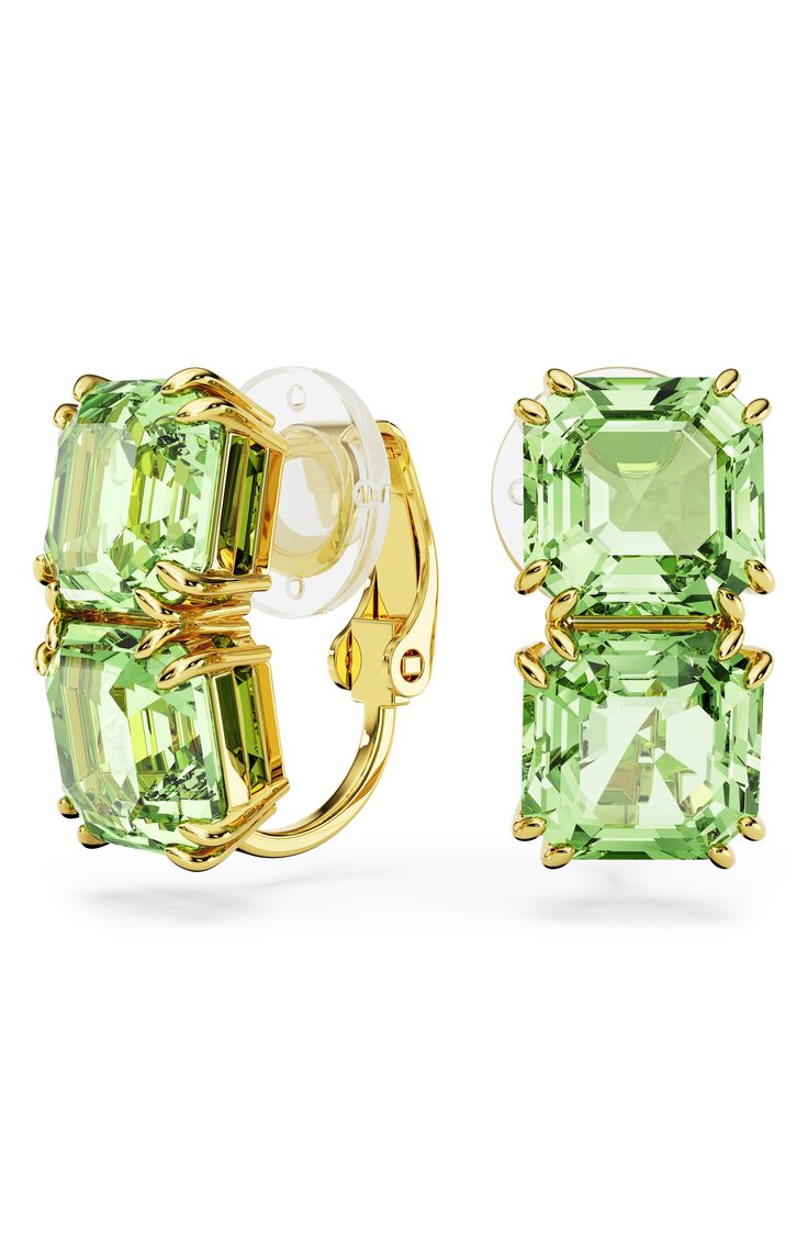 Set off everyday ensembles with these verdant crystal clip-on earrings. 5/8"W x 1/4"L Goldtone plate/Swarovski crystal Imported Fine Jewelry Earrings Studs, Luxury Glass Jewelry, Colored Earrings Wedding, Tracy Glocheski Jewelry, Square Crystal Jewelry, Fine Jewelry Trends 2022, Dinny Hall Earrings, Precious Gems Earrings, Fine Jewelry Sales