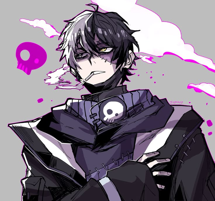 an anime character with black hair and purple eyes holding a skull in one hand, while wearing