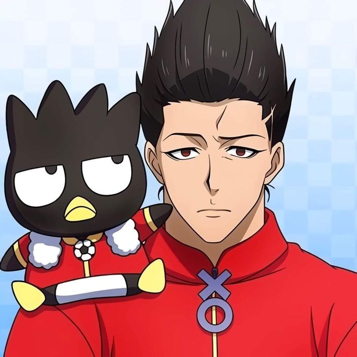 an anime character holding a black cat on his shoulder