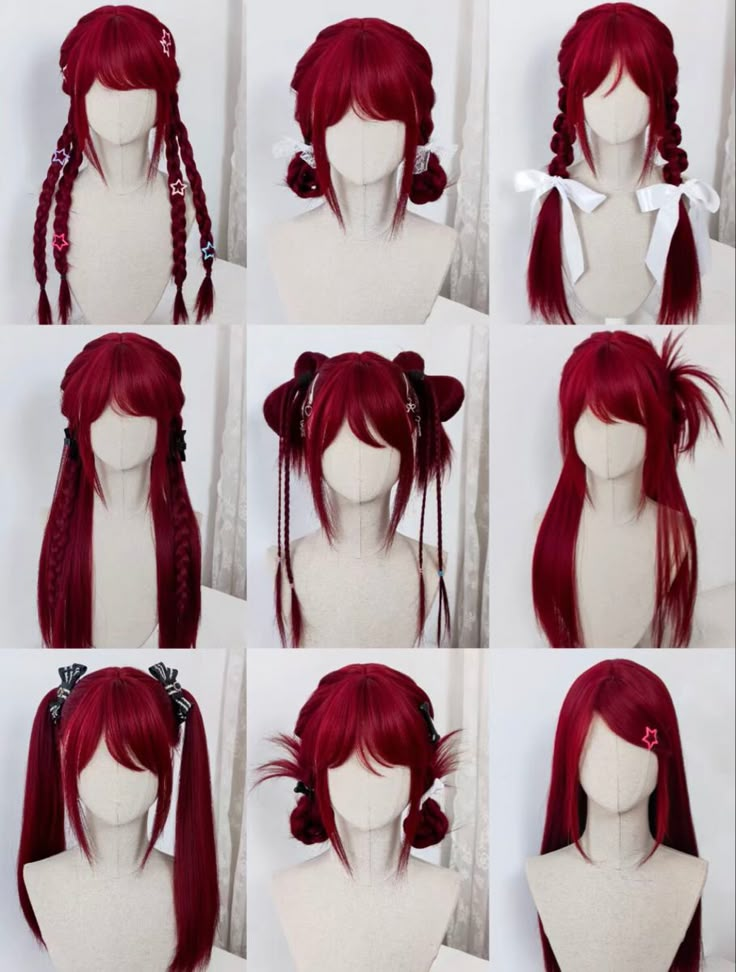 Hair Inspiration Long, Cosplay Hair, Kawaii Hairstyles, Red Wigs, Peinados Fáciles Para Cabello Corto, Hair Stylies, Hair Up Styles, Anime Hair, Hair Reference