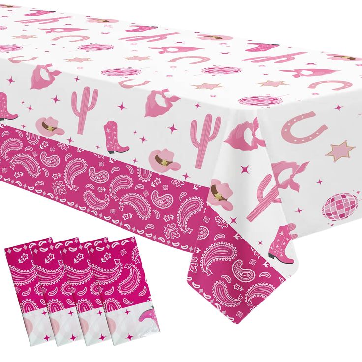 a table cloth with pink and white designs on it