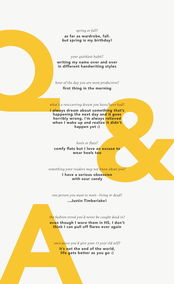 a yellow and white poster with the words q and a on it's side