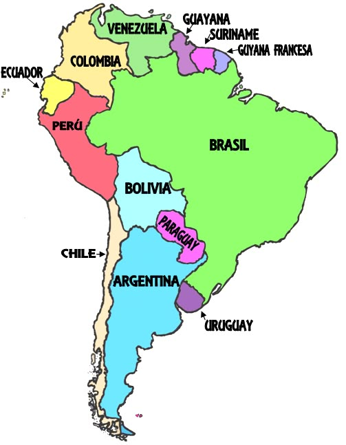 the latin america map with all its major cities and their respective names in different colors