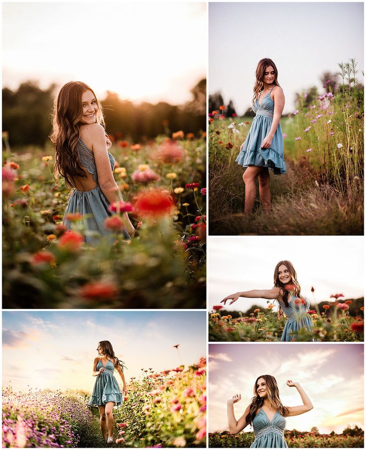 a woman in a blue dress is standing in a field with red and pink flowers