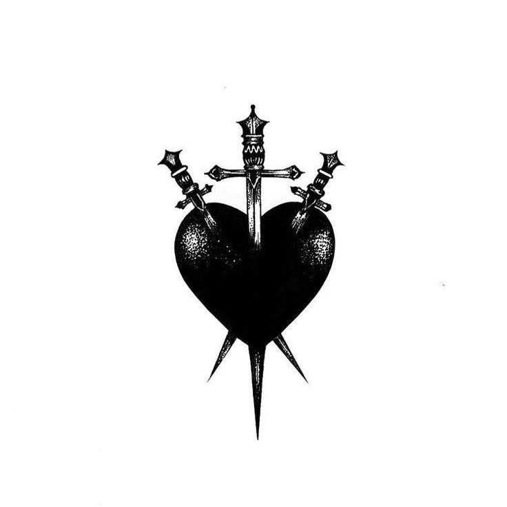 a black and white photo of a heart with two swords sticking out of it's center