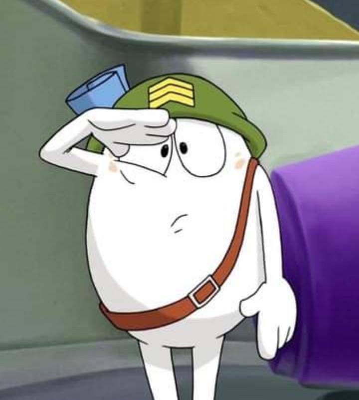 a cartoon character wearing a green hat and holding his hand to his head while standing in front of a purple barrel