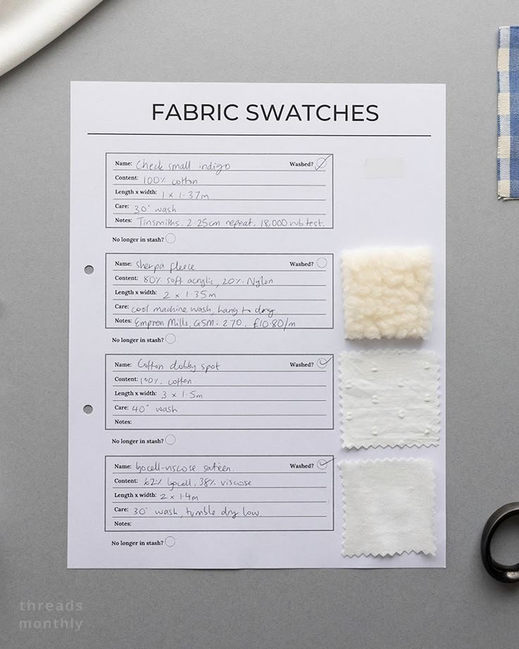 the fabric swatches are laid out next to scissors